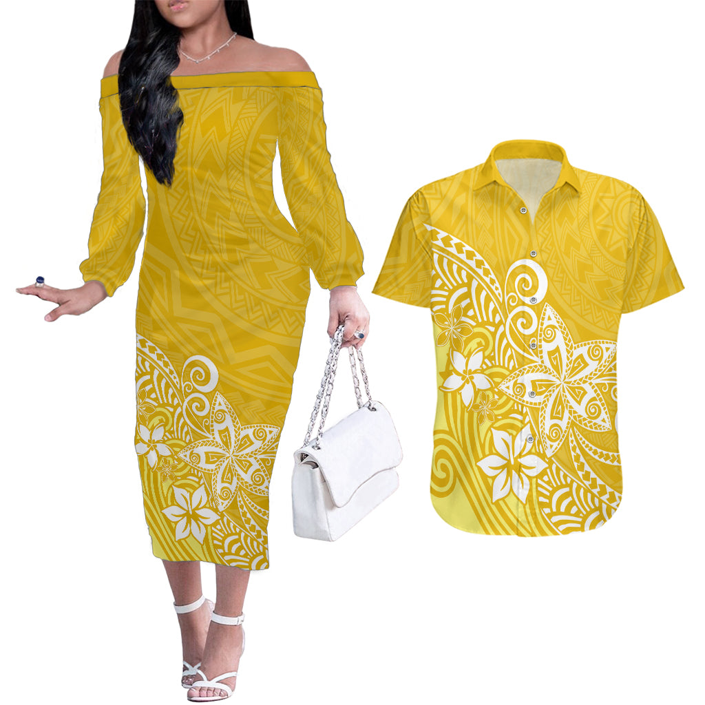 Polynesia Couples Matching Off The Shoulder Long Sleeve Dress and Hawaiian Shirt Plumeria Yellow Curves LT7 Yellow - Polynesian Pride