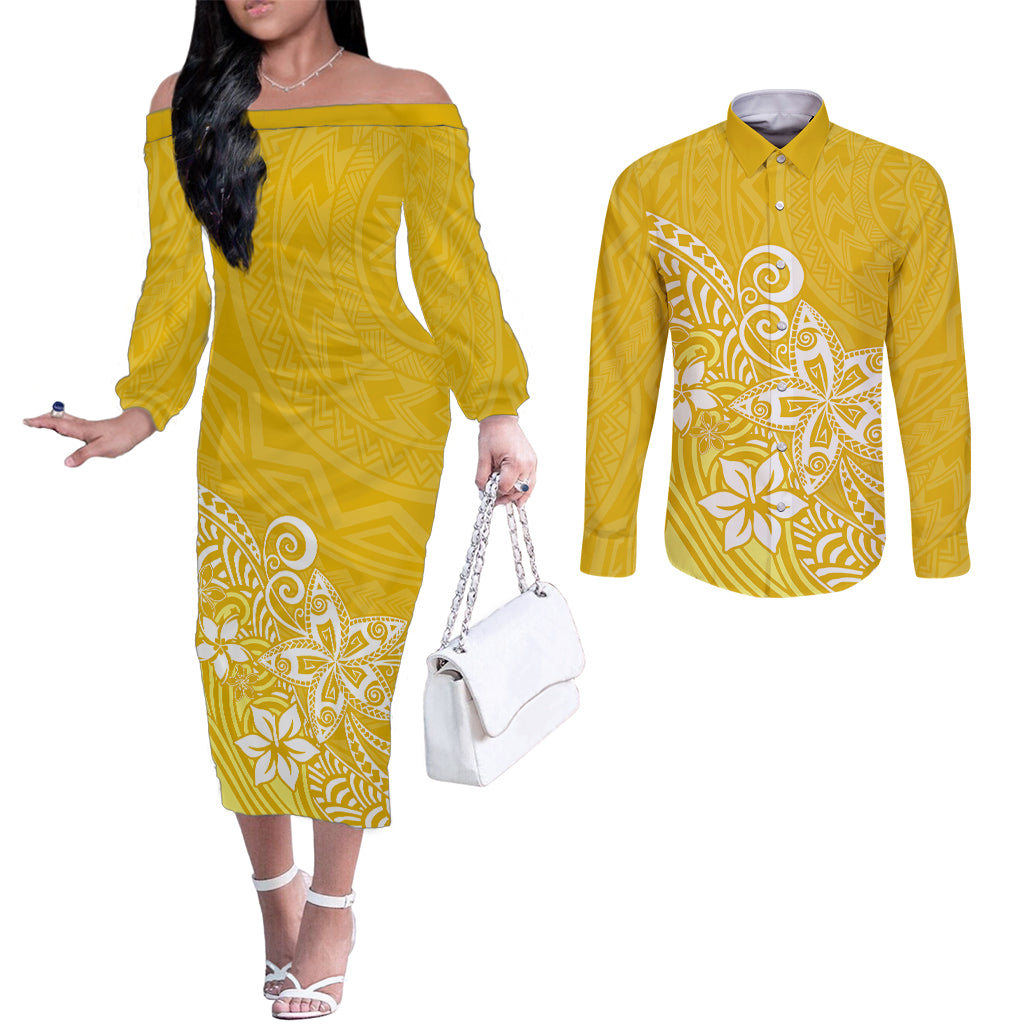Polynesia Couples Matching Off The Shoulder Long Sleeve Dress and Long Sleeve Button Shirts Plumeria Yellow Curves LT7 Yellow - Polynesian Pride