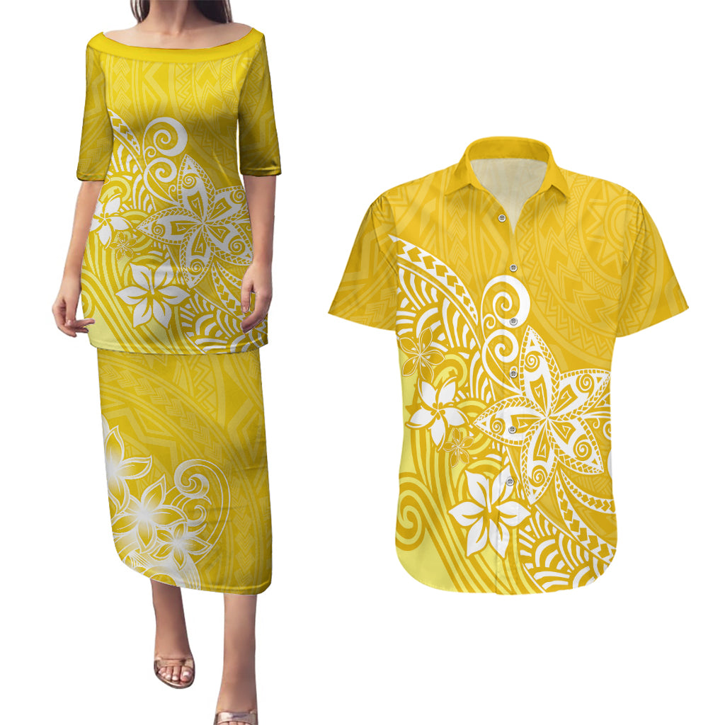 Polynesia Couples Matching Puletasi Dress and Hawaiian Shirt Plumeria Yellow Curves LT7 Yellow - Polynesian Pride