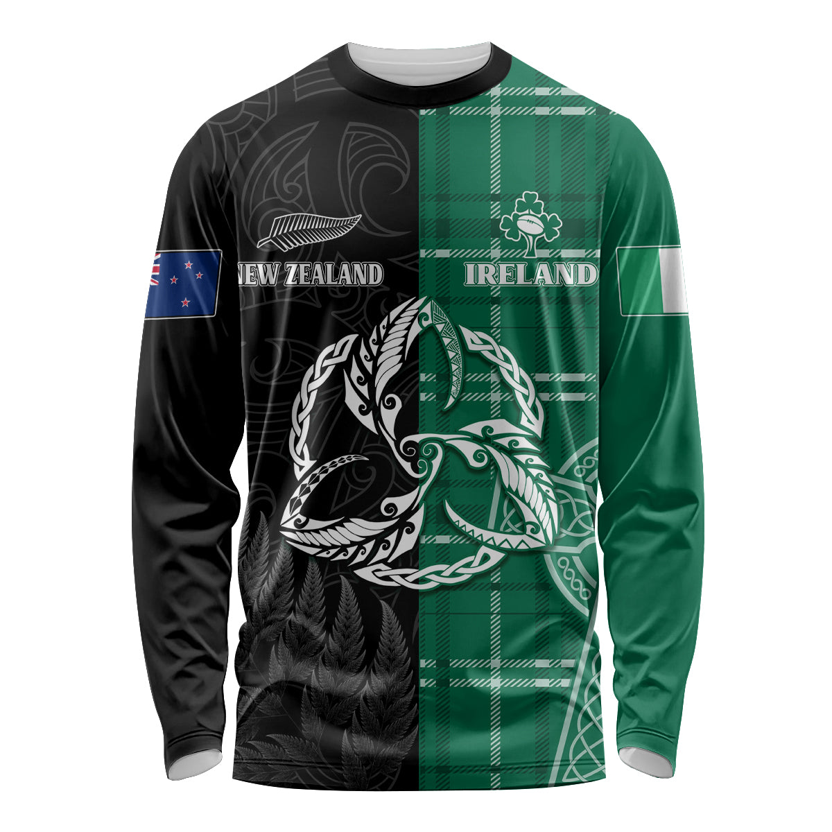 Personalised New Zealand Mix Ireland Rugby Long Sleeve Shirt Celtic Knot Mix Silver Ferns LT7 Unisex Art - Polynesian Pride