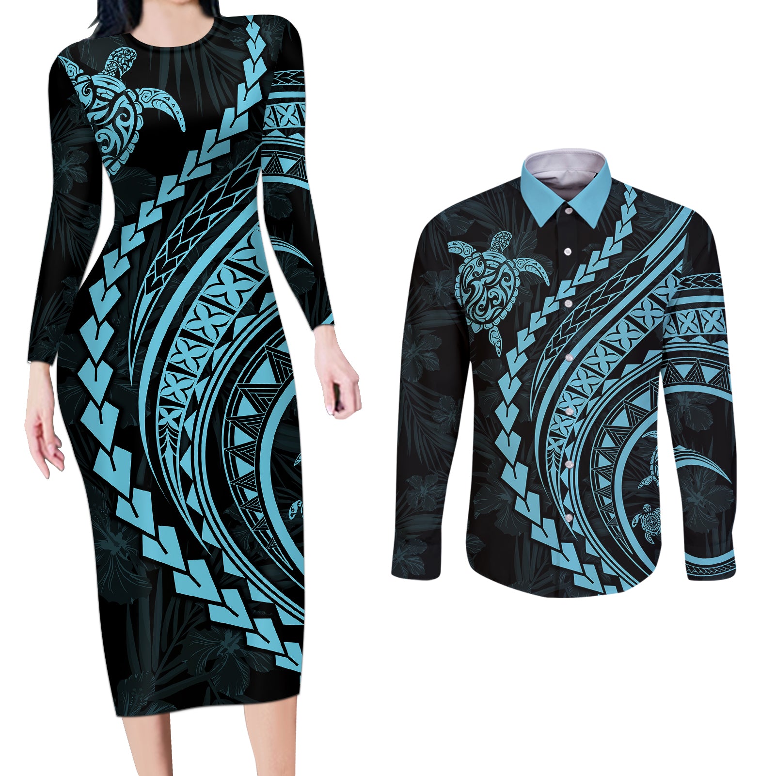 Polynesian Pride Couples Matching Long Sleeve Bodycon Dress and Long Sleeve Button Shirts Turtle Hibiscus Luxury Style - Aquamarine LT7 Aquamarine - Polynesian Pride