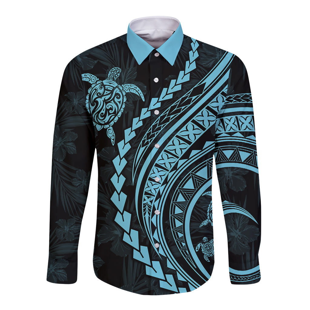 Polynesian Pride Long Sleeve Button Shirt Turtle Hibiscus Luxury Style - Aquamarine LT7 Unisex Aquamarine - Polynesian Pride