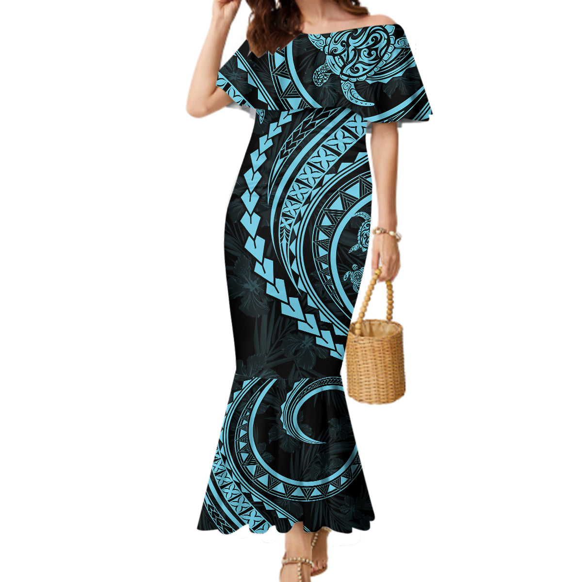 Polynesian Pride Mermaid Dress Turtle Hibiscus Luxury Style - Aquamarine LT7 Women Aquamarine - Polynesian Pride