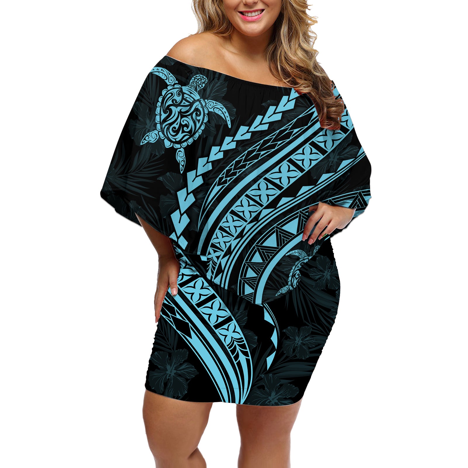 Polynesian Pride Off Shoulder Short Dress Turtle Hibiscus Luxury Style - Aquamarine LT7 Women Aquamarine - Polynesian Pride