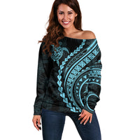 Polynesian Pride Off Shoulder Sweater Turtle Hibiscus Luxury Style - Aquamarine LT7 Women Aquamarine - Polynesian Pride