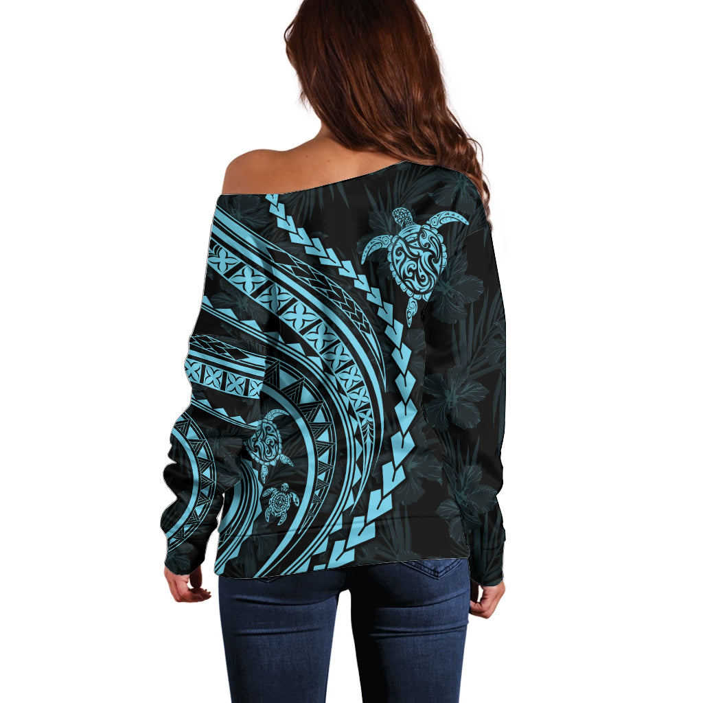 Polynesian Pride Off Shoulder Sweater Turtle Hibiscus Luxury Style - Aquamarine LT7 - Polynesian Pride