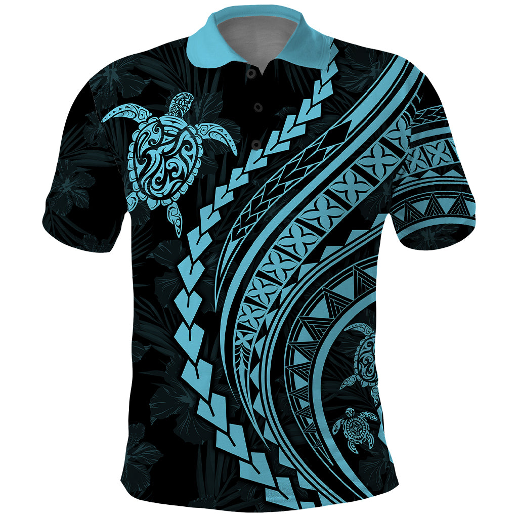Polynesian Pride Polo Shirt Turtle Hibiscus Luxury Style - Aquamarine LT7 Aquamarine - Polynesian Pride
