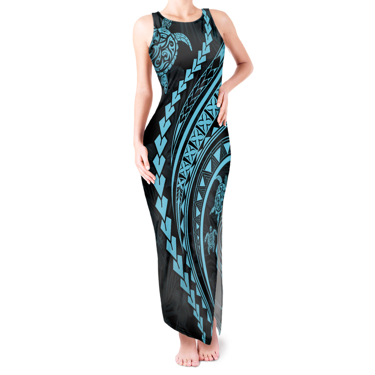 Polynesian Pride Tank Maxi Dress Turtle Hibiscus Luxury Style - Aquamarine LT7 Women Aquamarine - Polynesian Pride