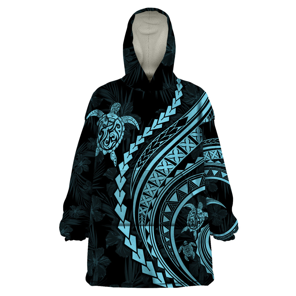 Polynesian Pride Wearable Blanket Hoodie Turtle Hibiscus Luxury Style - Aquamarine LT7 One Size Aquamarine - Polynesian Pride