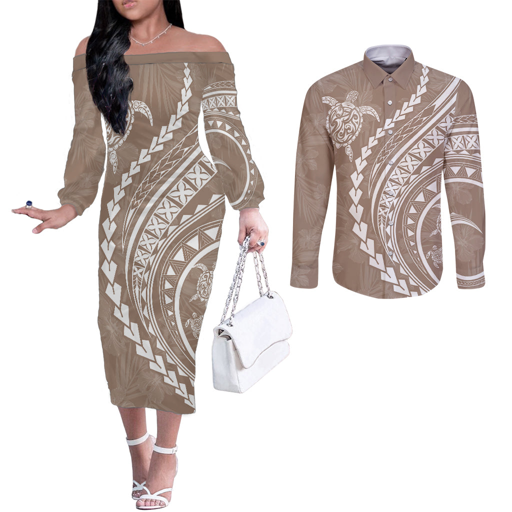 Polynesian Pride Couples Matching Off The Shoulder Long Sleeve Dress and Long Sleeve Button Shirts Turtle Hibiscus Luxury Style - Beige LT7 Beige - Polynesian Pride