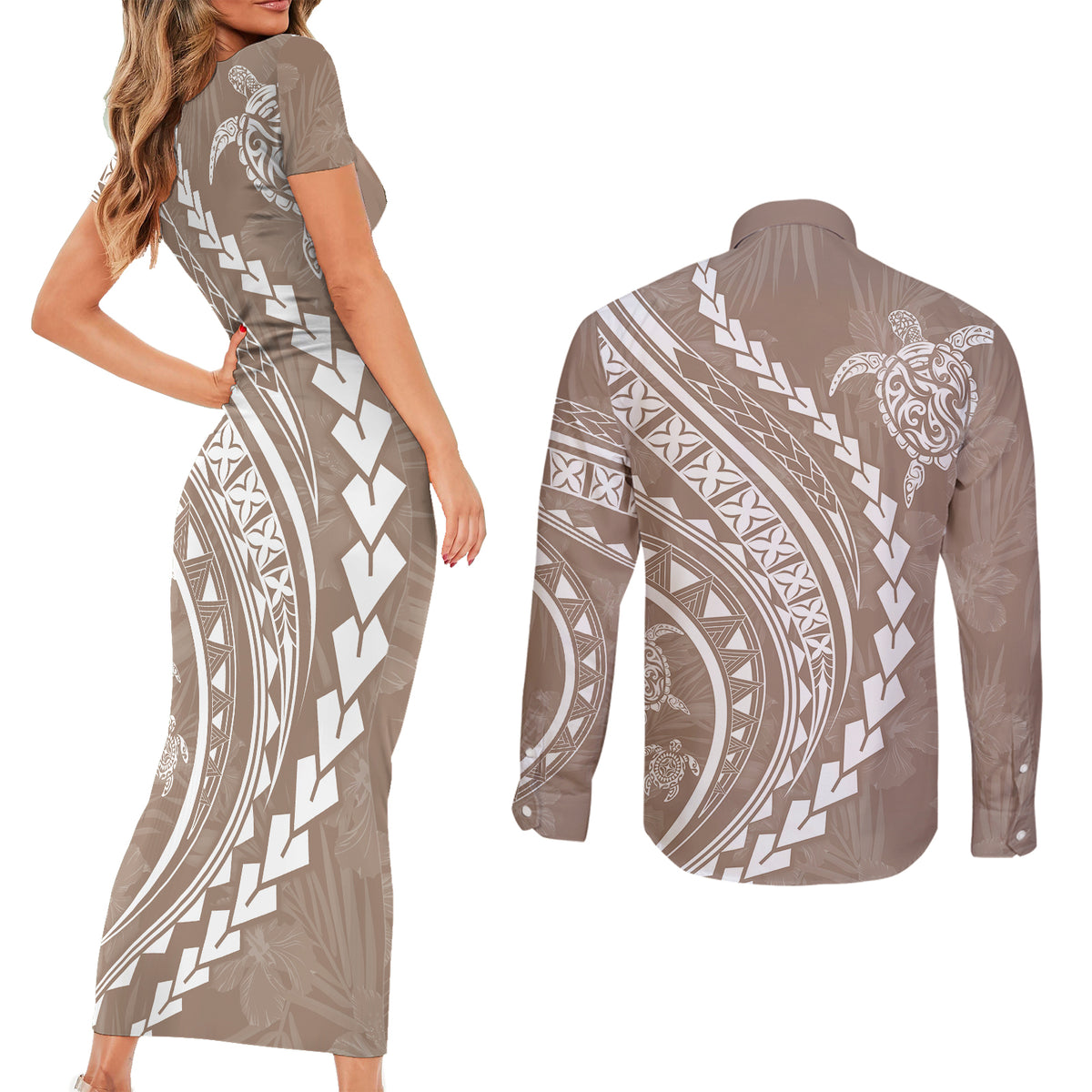 Polynesian Pride Couples Matching Short Sleeve Bodycon Dress and Long Sleeve Button Shirts Turtle Hibiscus Luxury Style - Beige LT7 - Polynesian Pride