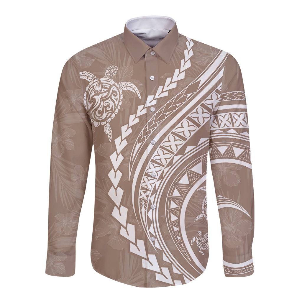 Polynesian Pride Long Sleeve Button Shirt Turtle Hibiscus Luxury Style - Beige LT7 Unisex Beige - Polynesian Pride