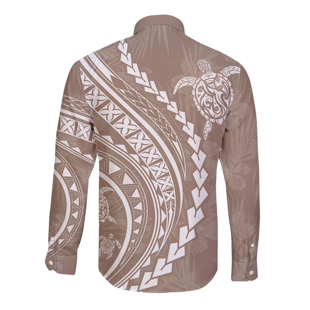 Polynesian Pride Long Sleeve Button Shirt Turtle Hibiscus Luxury Style - Beige LT7 - Polynesian Pride