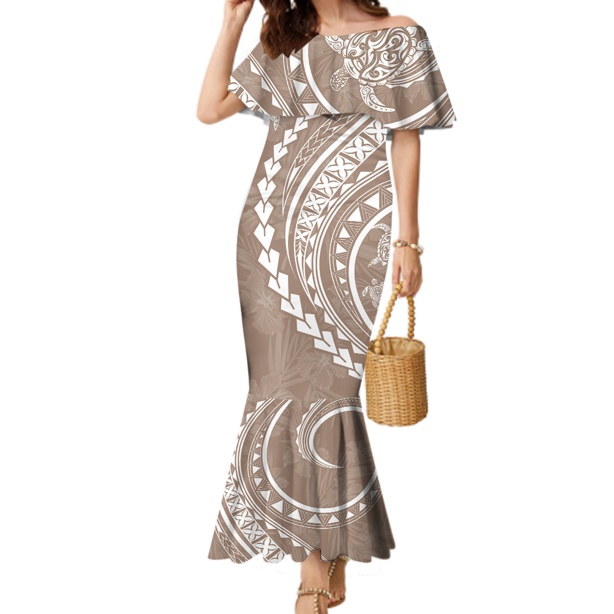 Polynesian Pride Mermaid Dress Turtle Hibiscus Luxury Style - Beige LT7 Women Beige - Polynesian Pride