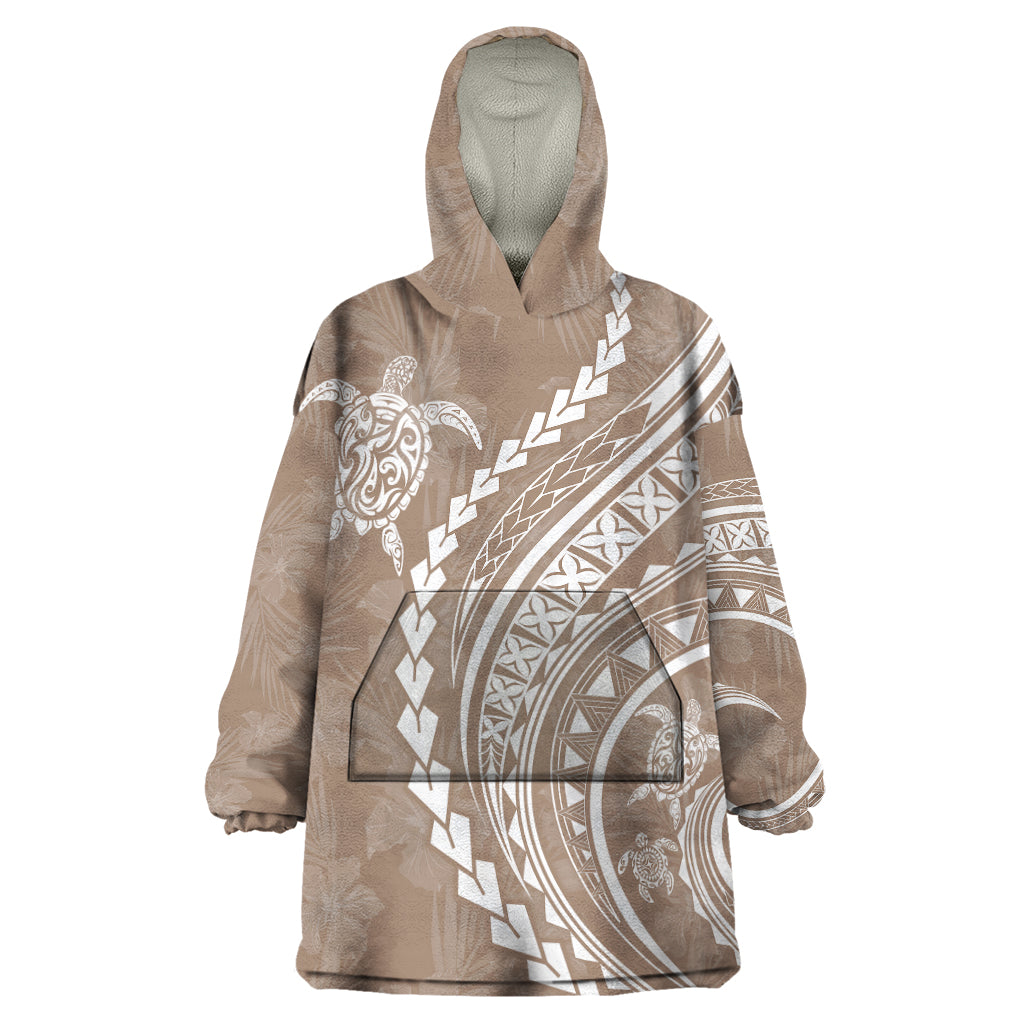 Polynesian Pride Wearable Blanket Hoodie Turtle Hibiscus Luxury Style - Beige LT7 One Size Beige - Polynesian Pride