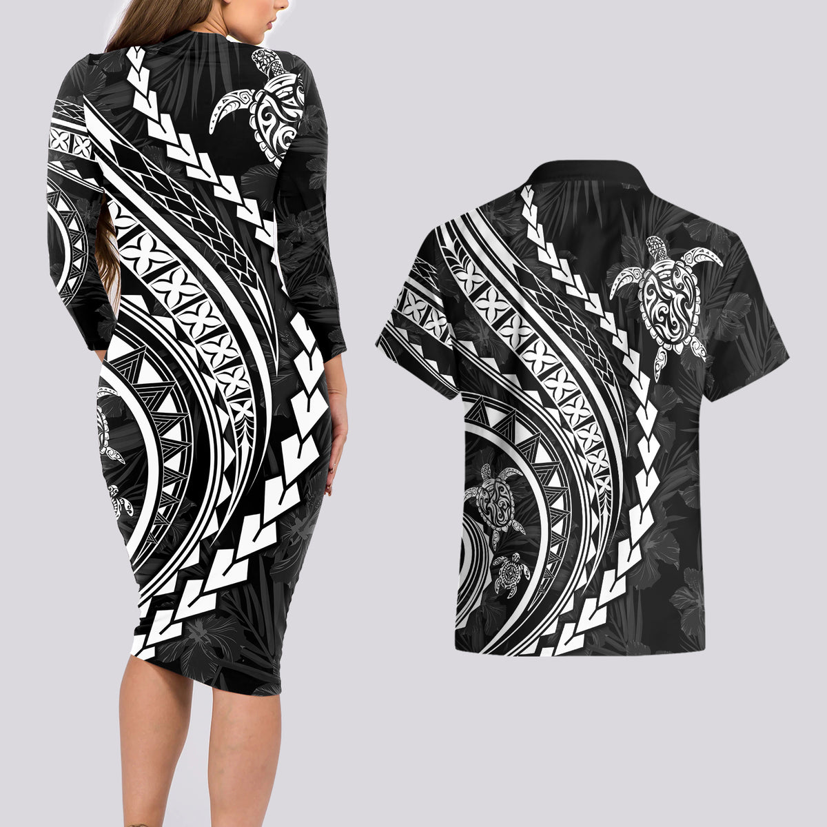 Polynesian Pride Couples Matching Long Sleeve Bodycon Dress and Hawaiian Shirt Turtle Hibiscus Luxury Style - Black LT7 - Polynesian Pride