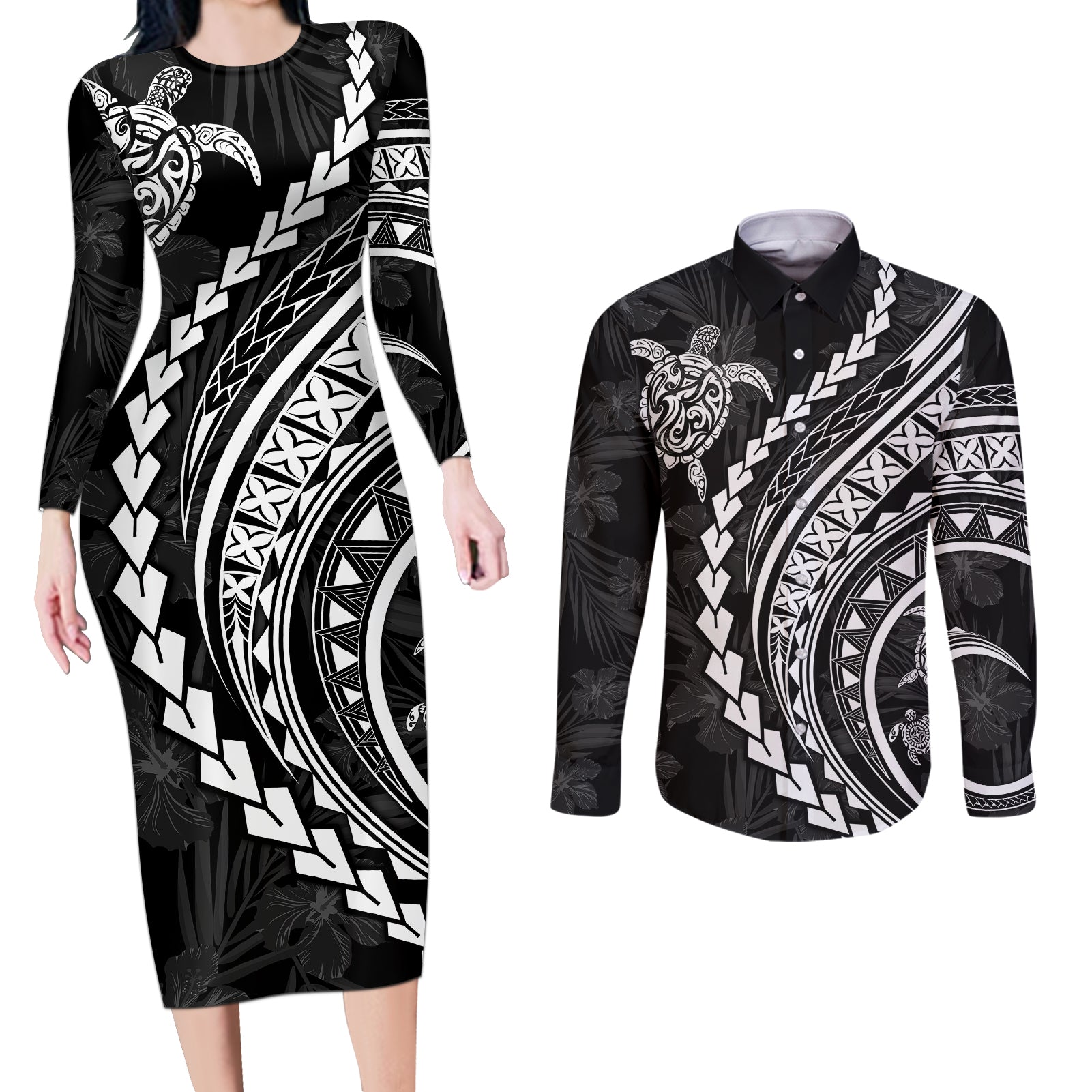 Polynesian Pride Couples Matching Long Sleeve Bodycon Dress and Long Sleeve Button Shirts Turtle Hibiscus Luxury Style - Black LT7 Black - Polynesian Pride