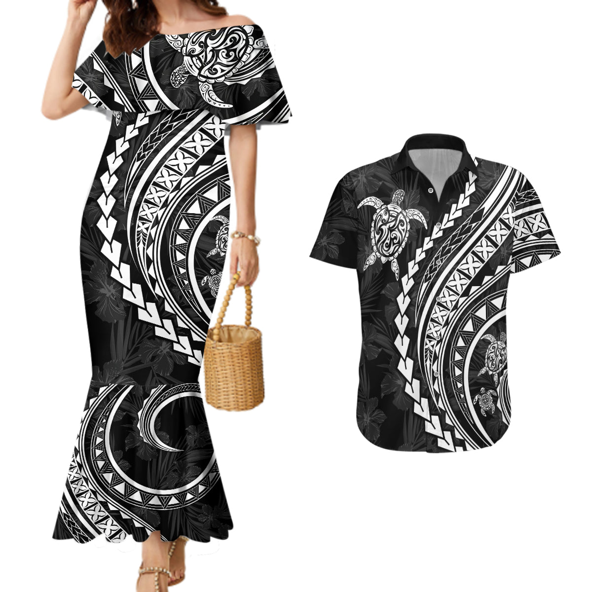 Polynesian Pride Couples Matching Mermaid Dress and Hawaiian Shirt Turtle Hibiscus Luxury Style - Black LT7 Black - Polynesian Pride