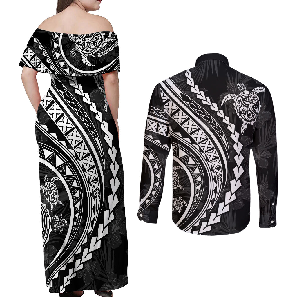 Polynesian Pride Couples Matching Off Shoulder Maxi Dress and Long Sleeve Button Shirts Turtle Hibiscus Luxury Style - Black LT7 - Polynesian Pride