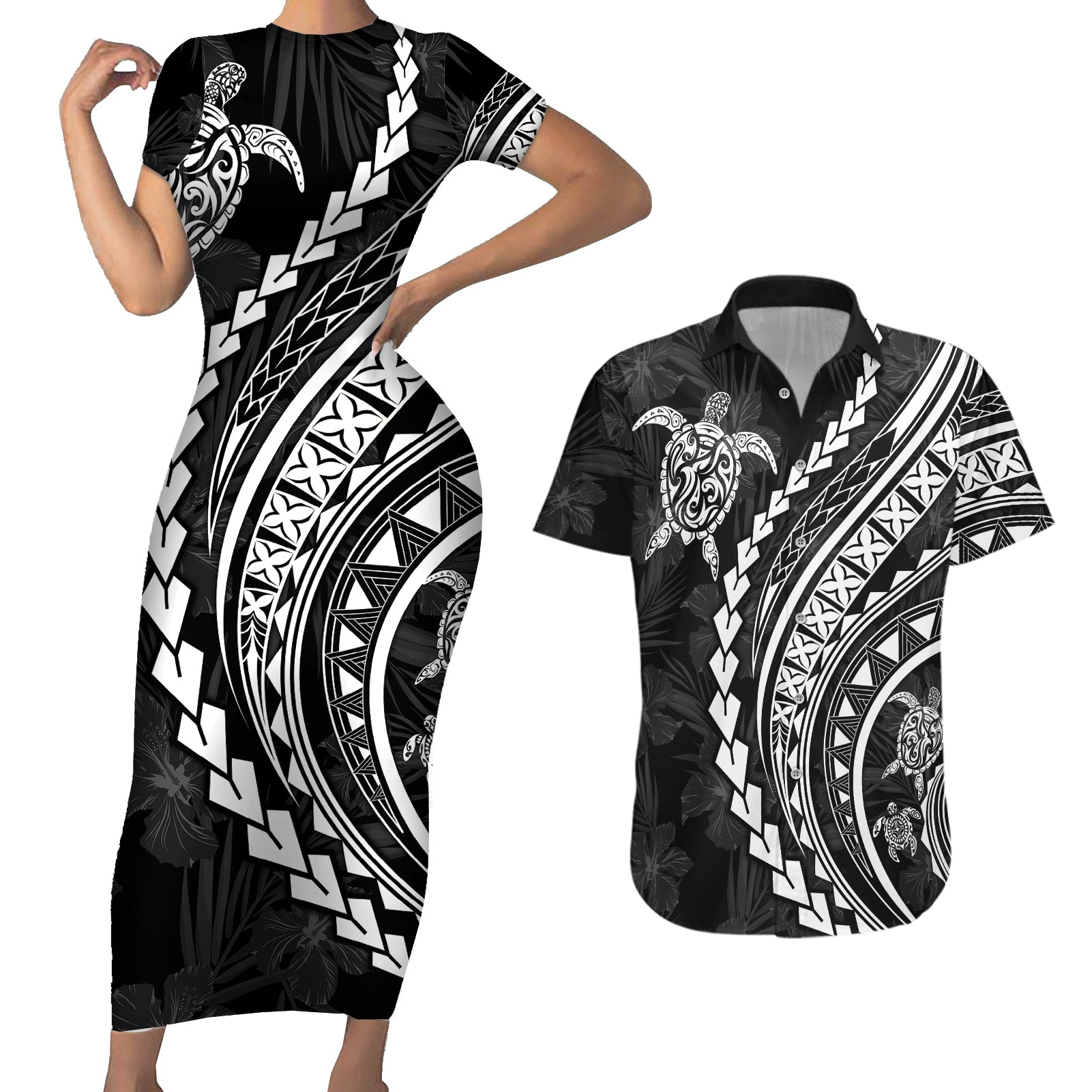 Polynesian Pride Couples Matching Short Sleeve Bodycon Dress and Hawaiian Shirt Turtle Hibiscus Luxury Style - Black LT7 Black - Polynesian Pride