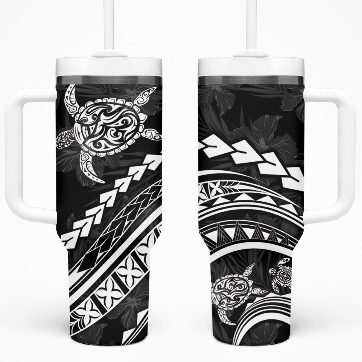 Polynesian Pride Tumbler With Handle Turtle Hibiscus Luxury Style - Black