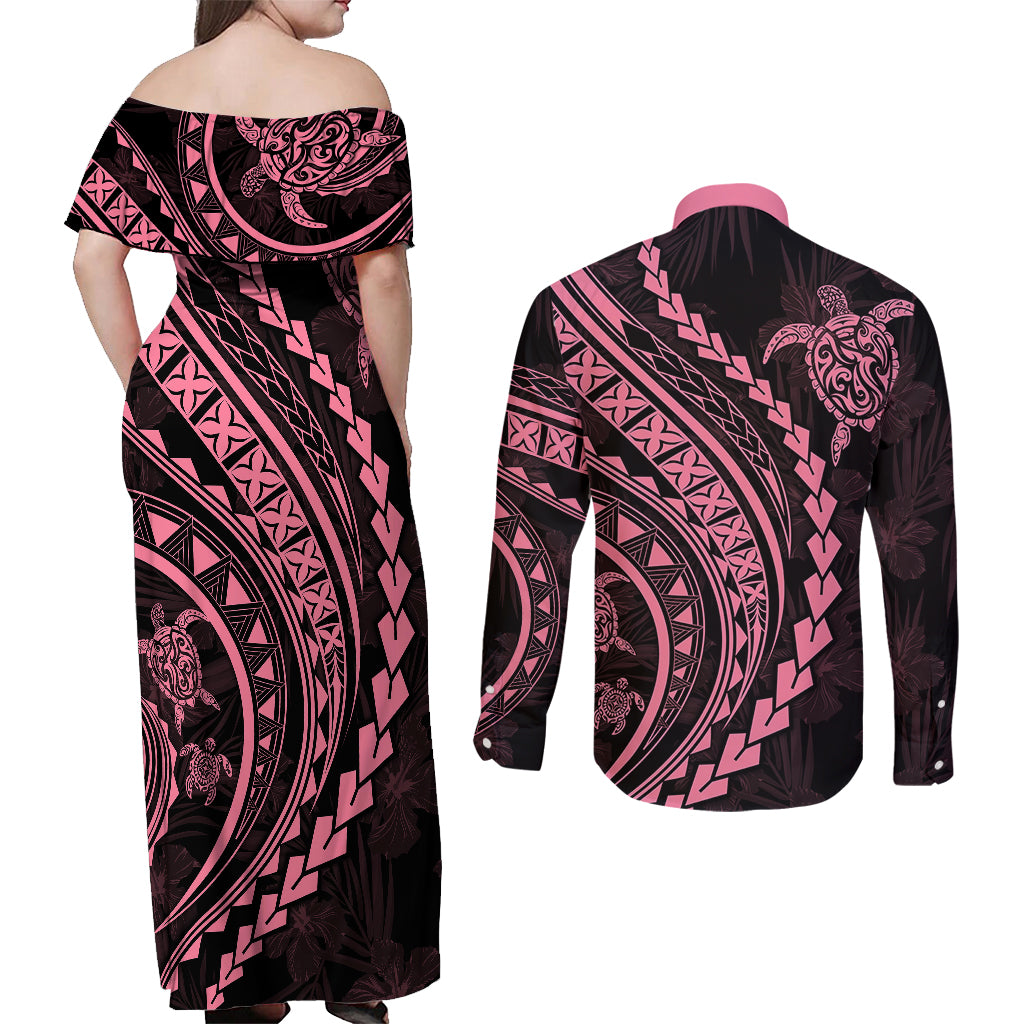 Polynesian Pride Couples Matching Off Shoulder Maxi Dress and Long Sleeve Button Shirts Turtle Hibiscus Luxury Style - Carnation Pink LT7 - Polynesian Pride