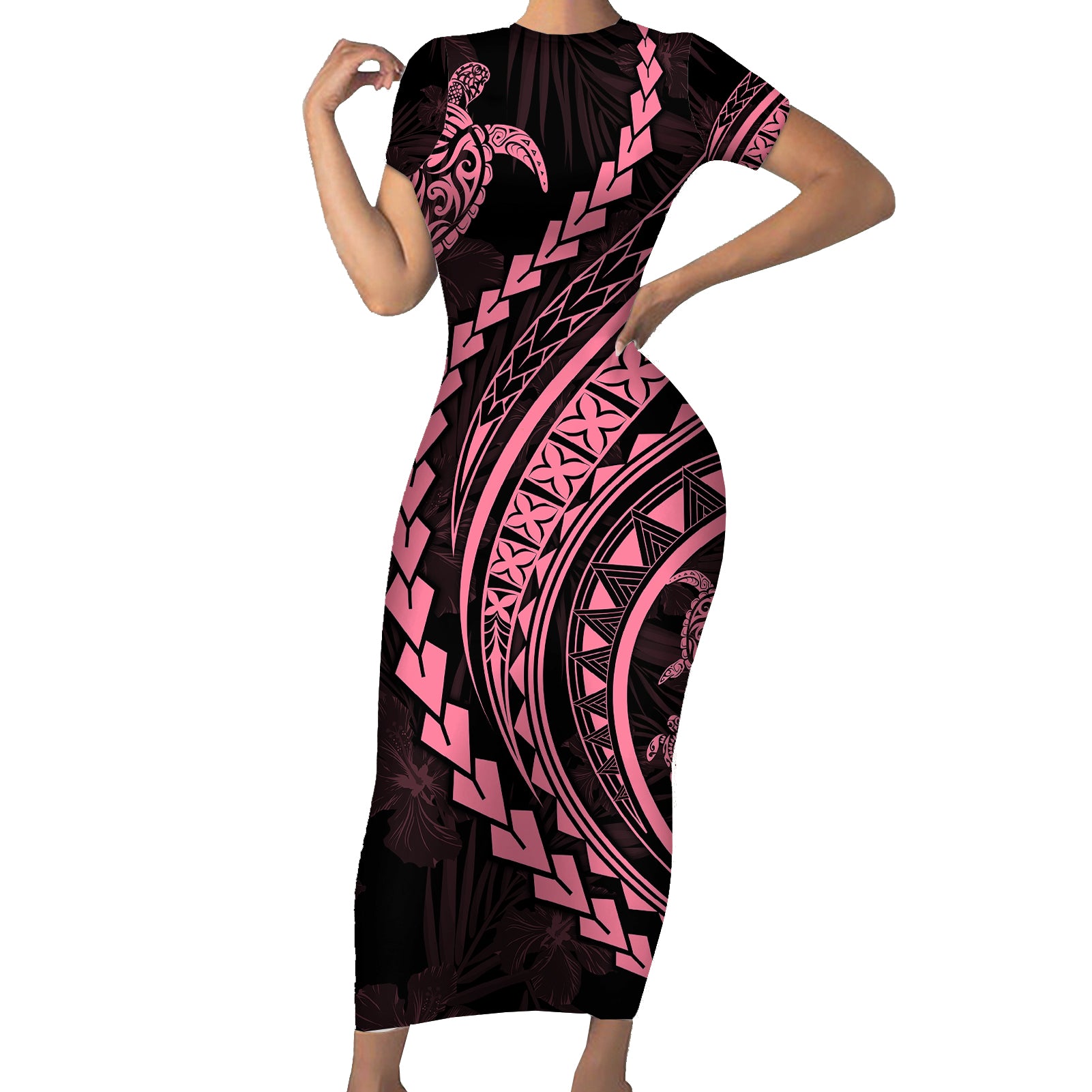 Polynesian Pride Short Sleeve Bodycon Dress Turtle Hibiscus Luxury Style - Carnation Pink LT7 Long Dress Carnation Pink - Polynesian Pride