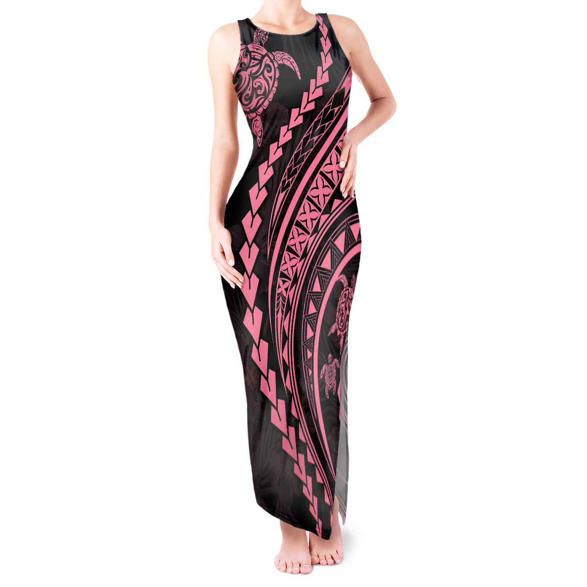 Polynesian Pride Tank Maxi Dress Turtle Hibiscus Luxury Style - Carnation Pink LT7 Women Carnation Pink - Polynesian Pride