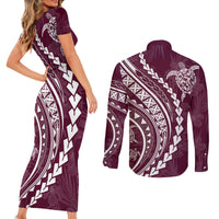 Polynesian Pride Couples Matching Short Sleeve Bodycon Dress and Long Sleeve Button Shirts Turtle Hibiscus Luxury Style - Champagne LT7 - Polynesian Pride