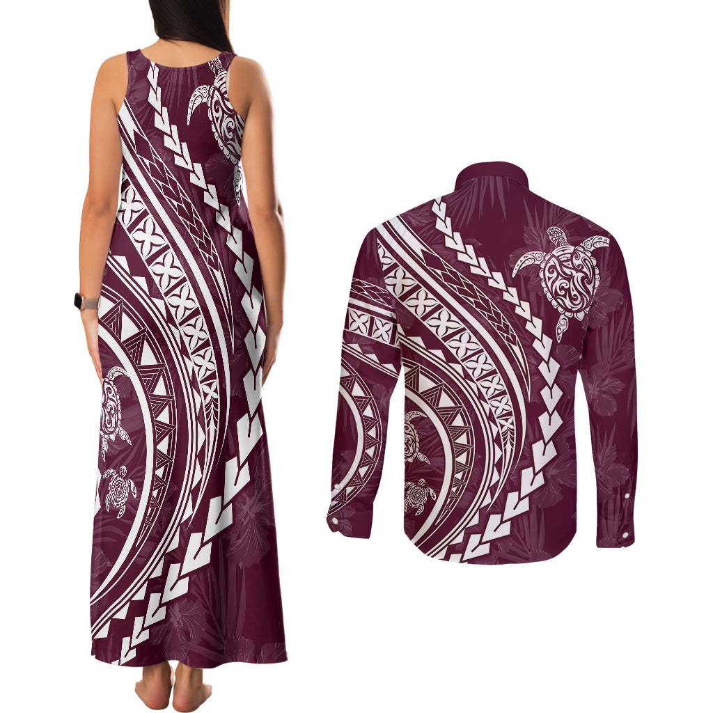 Polynesian Pride Couples Matching Tank Maxi Dress and Long Sleeve Button Shirts Turtle Hibiscus Luxury Style - Champagne LT7 - Polynesian Pride