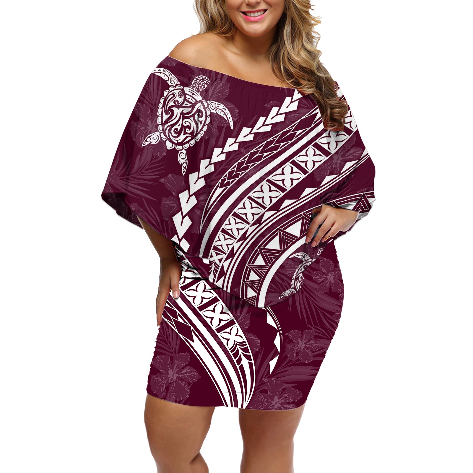 Polynesian Pride Off Shoulder Short Dress Turtle Hibiscus Luxury Style - Champagne LT7 Women Champagne - Polynesian Pride