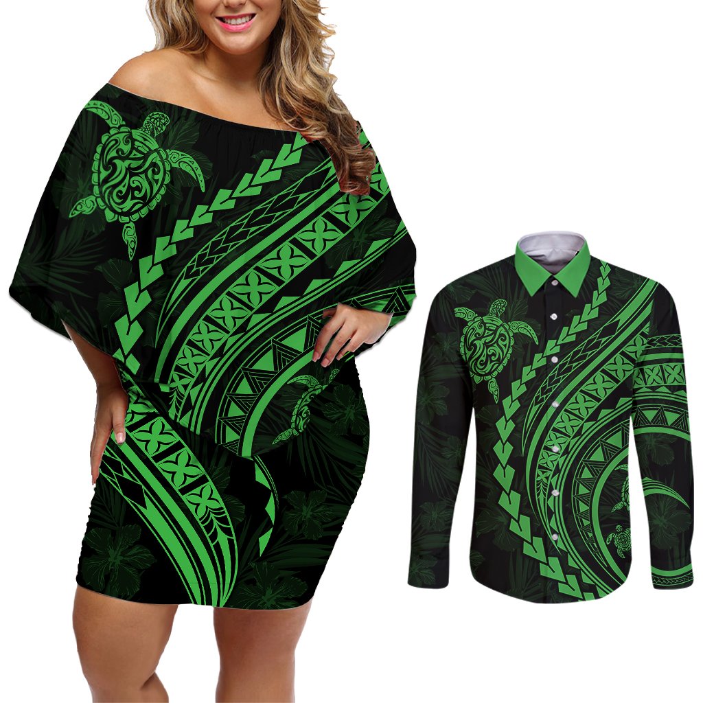 Polynesian Pride Couples Matching Off Shoulder Short Dress and Long Sleeve Button Shirts Turtle Hibiscus Luxury Style - Green LT7 Green - Polynesian Pride