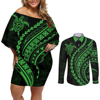Polynesian Pride Couples Matching Off Shoulder Short Dress and Long Sleeve Button Shirts Turtle Hibiscus Luxury Style - Green LT7 Green - Polynesian Pride