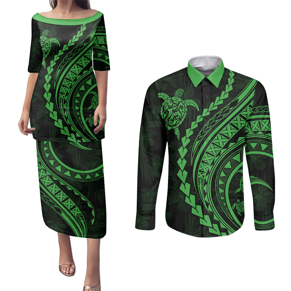 Polynesian Pride Couples Matching Puletasi Dress and Long Sleeve Button Shirts Turtle Hibiscus Luxury Style - Green LT7 Green - Polynesian Pride