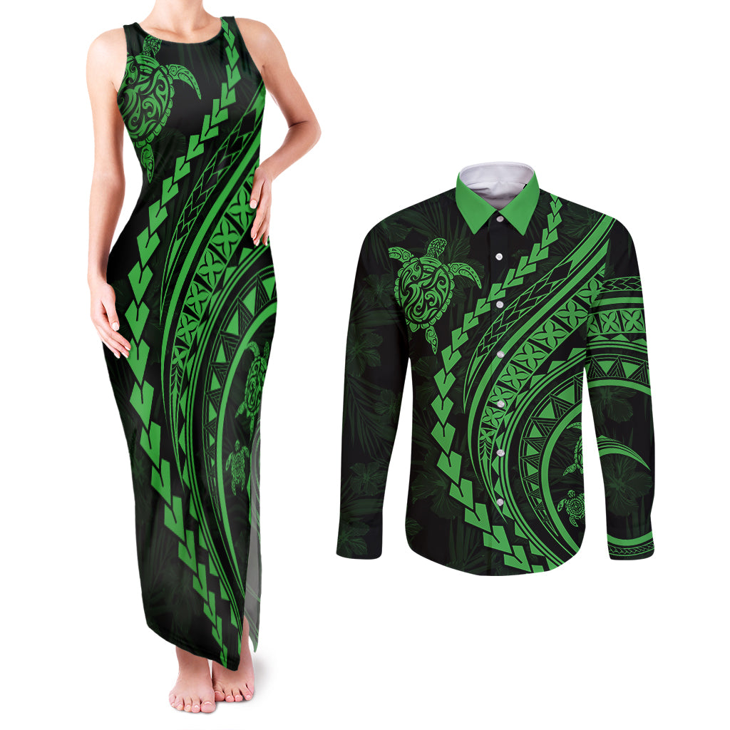 Polynesian Pride Couples Matching Tank Maxi Dress and Long Sleeve Button Shirts Turtle Hibiscus Luxury Style - Green LT7 Green - Polynesian Pride