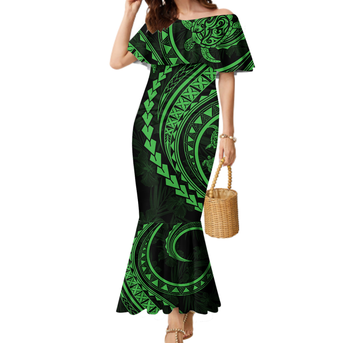 Polynesian Pride Mermaid Dress Turtle Hibiscus Luxury Style - Green LT7 Women Green - Polynesian Pride