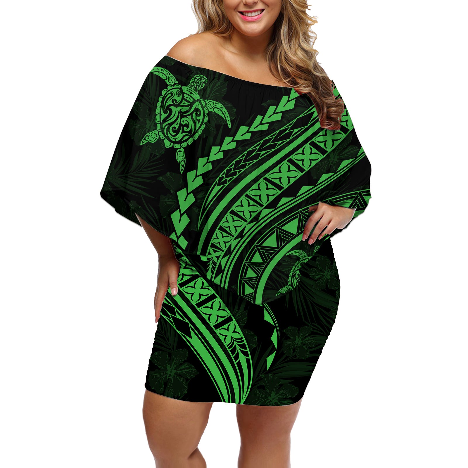 Polynesian Pride Off Shoulder Short Dress Turtle Hibiscus Luxury Style - Green LT7 Women Green - Polynesian Pride