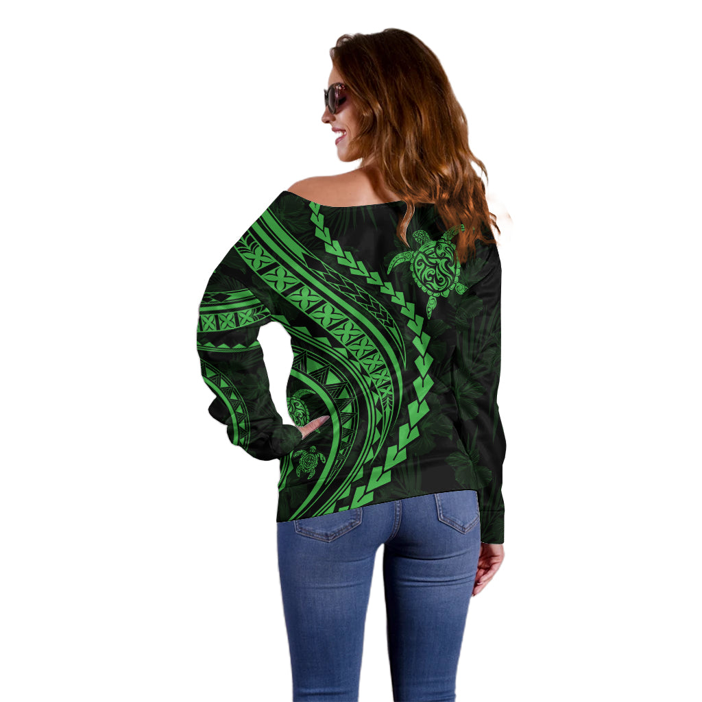 Polynesian Pride Off Shoulder Sweater Turtle Hibiscus Luxury Style - Green LT7 - Polynesian Pride