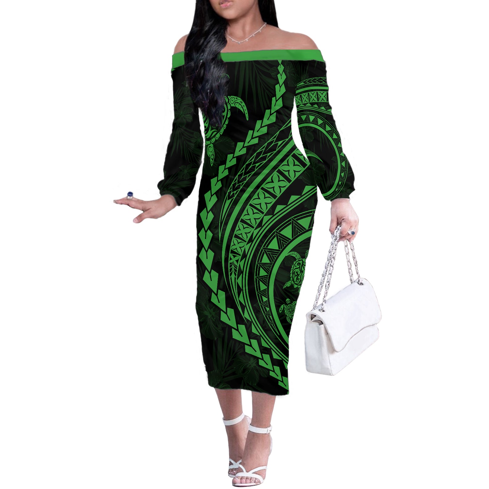 Polynesian Pride Off The Shoulder Long Sleeve Dress Turtle Hibiscus Luxury Style - Green LT7 Women Green - Polynesian Pride