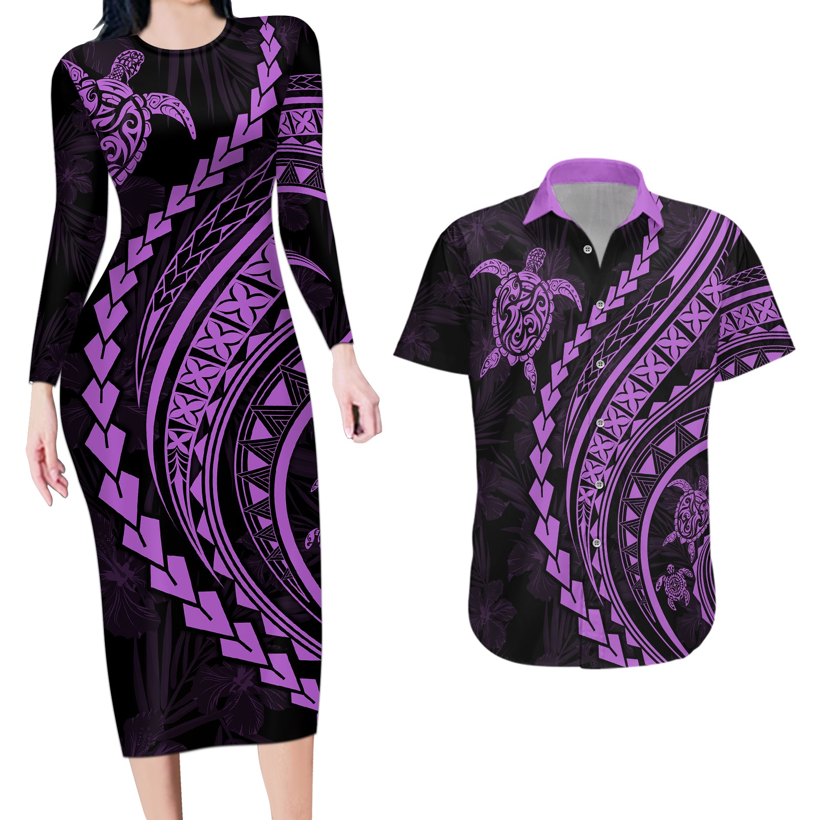 Polynesian Pride Couples Matching Long Sleeve Bodycon Dress and Hawaiian Shirt Turtle Hibiscus Luxury Style - Lilac LT7 Lilac - Polynesian Pride