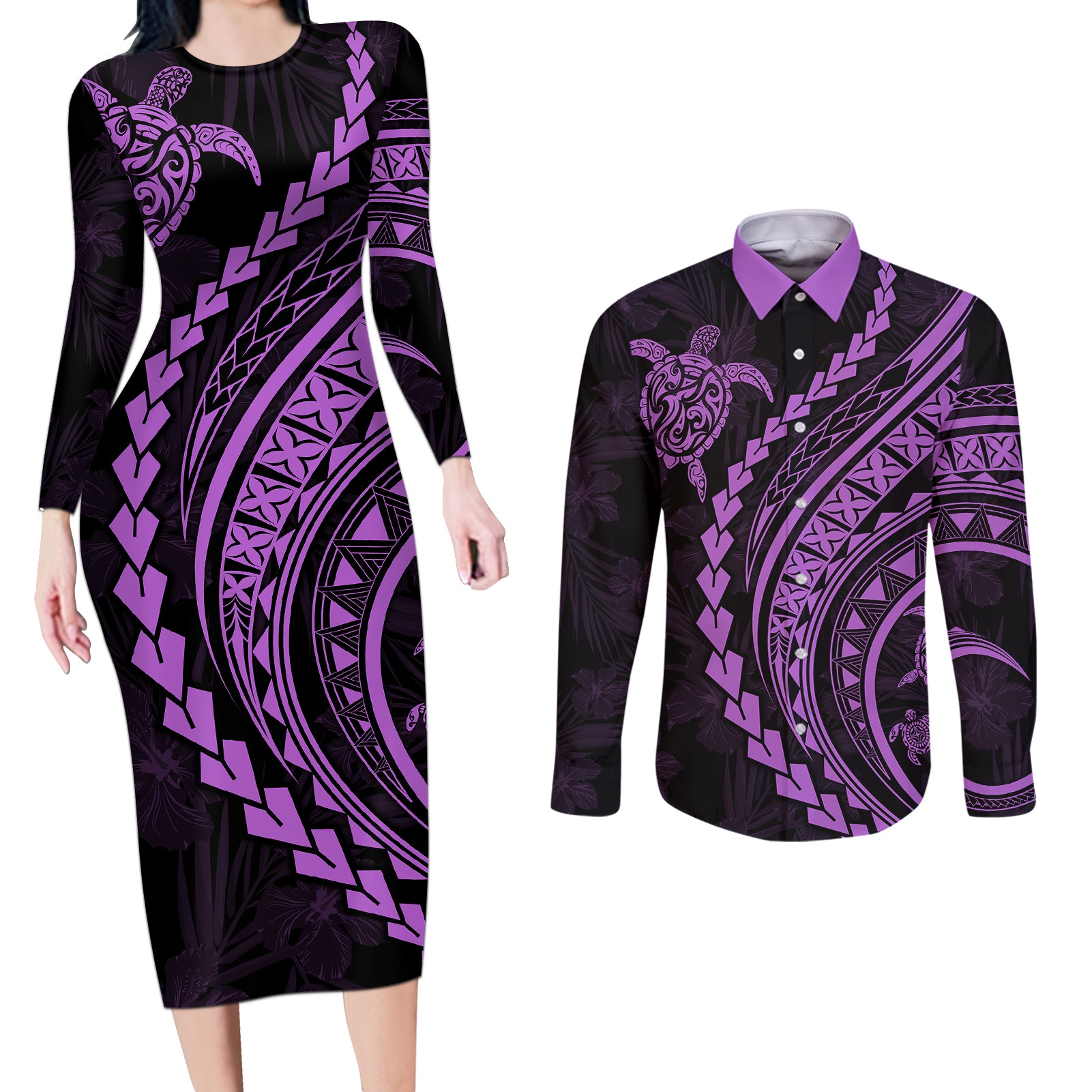 Polynesian Pride Couples Matching Long Sleeve Bodycon Dress and Long Sleeve Button Shirts Turtle Hibiscus Luxury Style - Lilac LT7 Lilac - Polynesian Pride