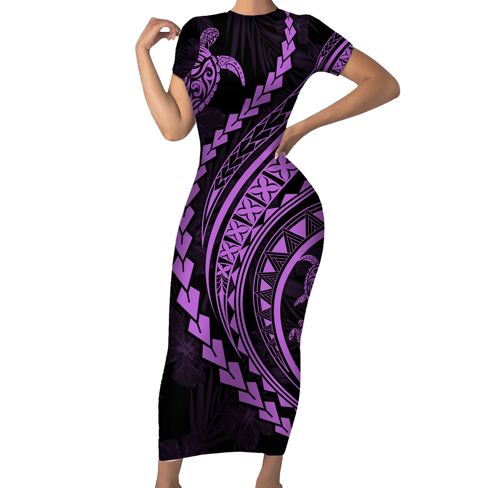 Polynesian Pride Short Sleeve Bodycon Dress Turtle Hibiscus Luxury Style - Lilac LT7 Long Dress Lilac - Polynesian Pride