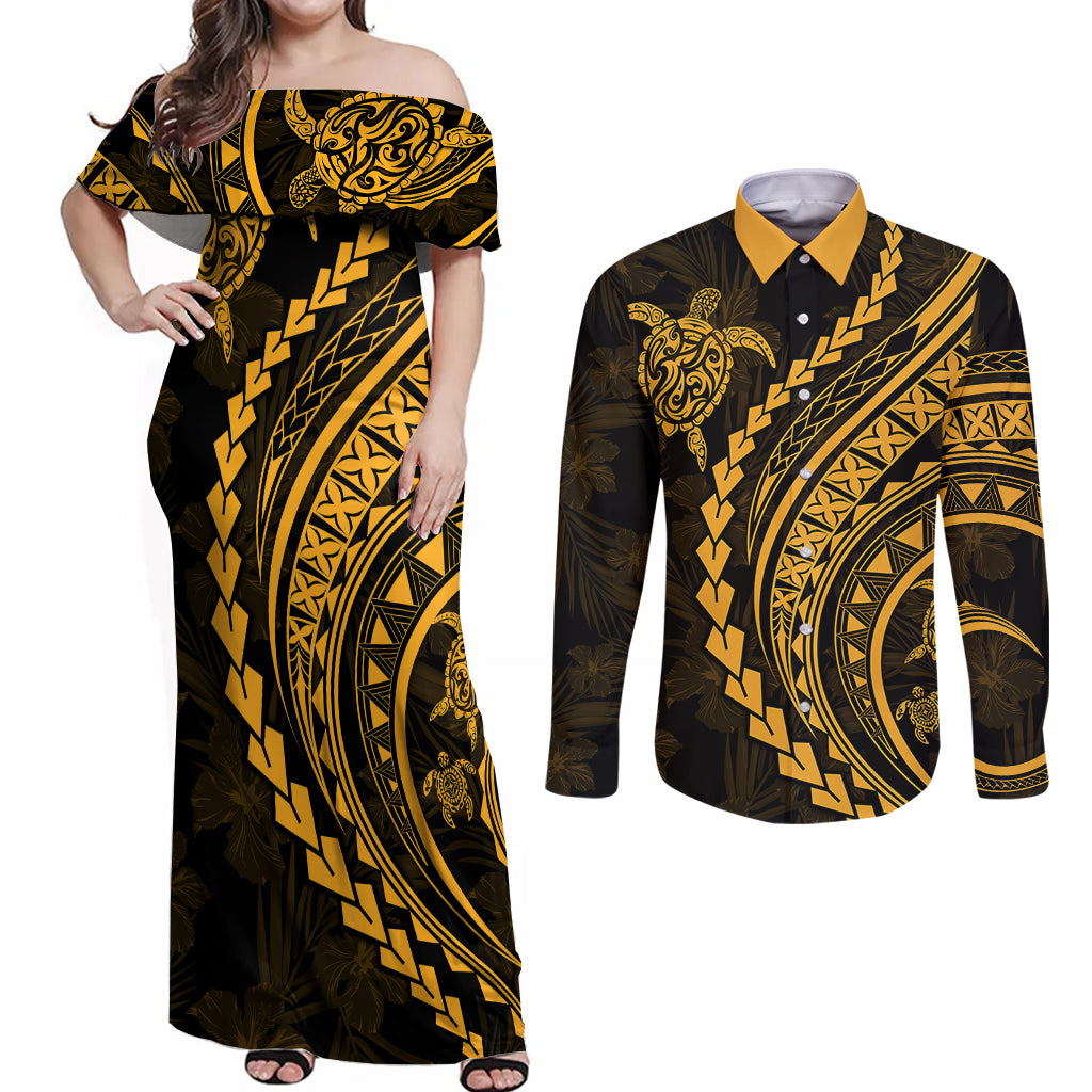 Polynesian Pride Couples Matching Off Shoulder Maxi Dress and Long Sleeve Button Shirts Turtle Hibiscus Luxury Style - Merigold LT7 Merigold - Polynesian Pride
