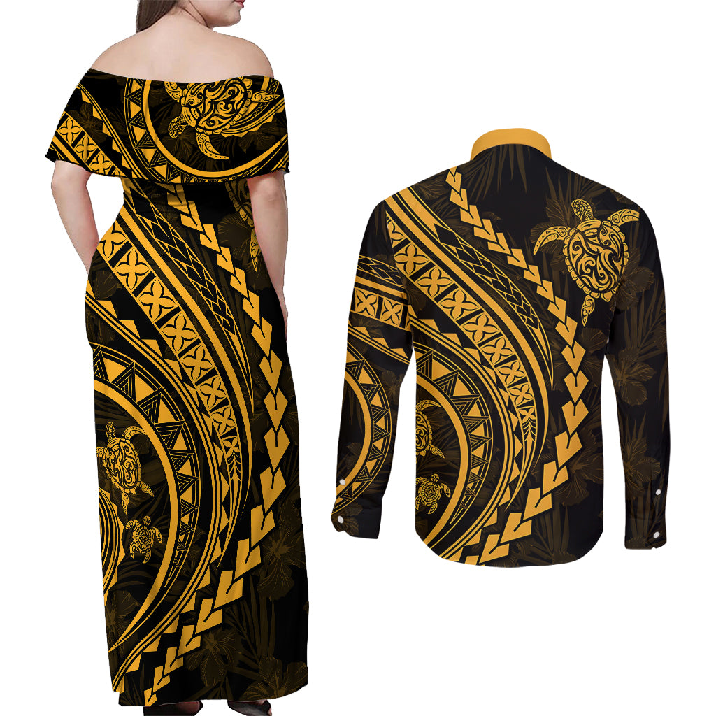 Polynesian Pride Couples Matching Off Shoulder Maxi Dress and Long Sleeve Button Shirts Turtle Hibiscus Luxury Style - Merigold LT7 - Polynesian Pride
