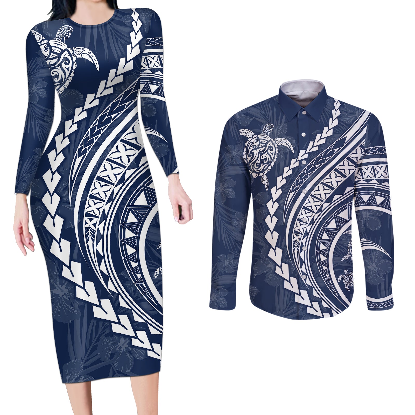 Polynesian Pride Couples Matching Long Sleeve Bodycon Dress and Long Sleeve Button Shirts Turtle Hibiscus Luxury Style - Navy LT7 Navy - Polynesian Pride