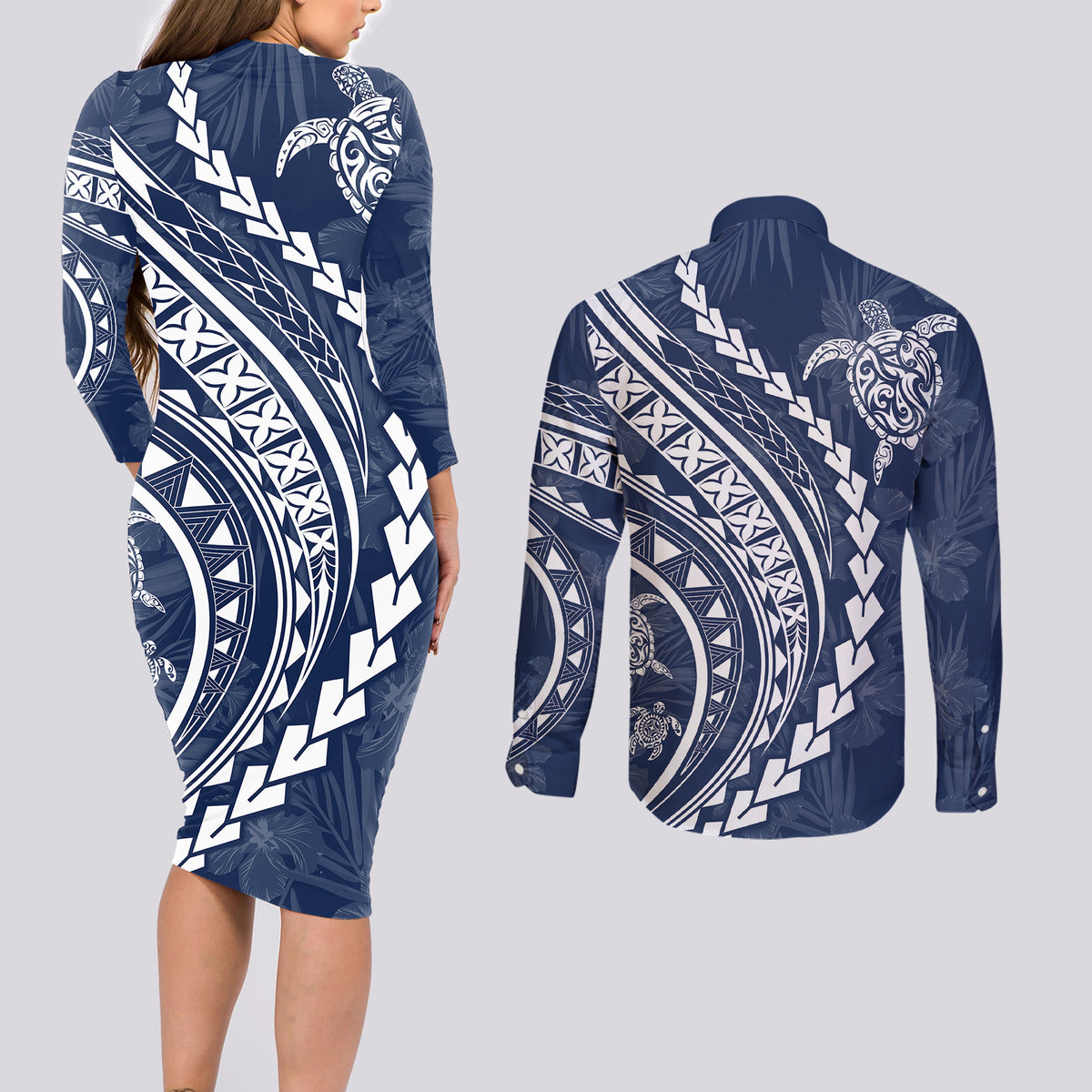 Polynesian Pride Couples Matching Long Sleeve Bodycon Dress and Long Sleeve Button Shirts Turtle Hibiscus Luxury Style - Navy LT7 - Polynesian Pride