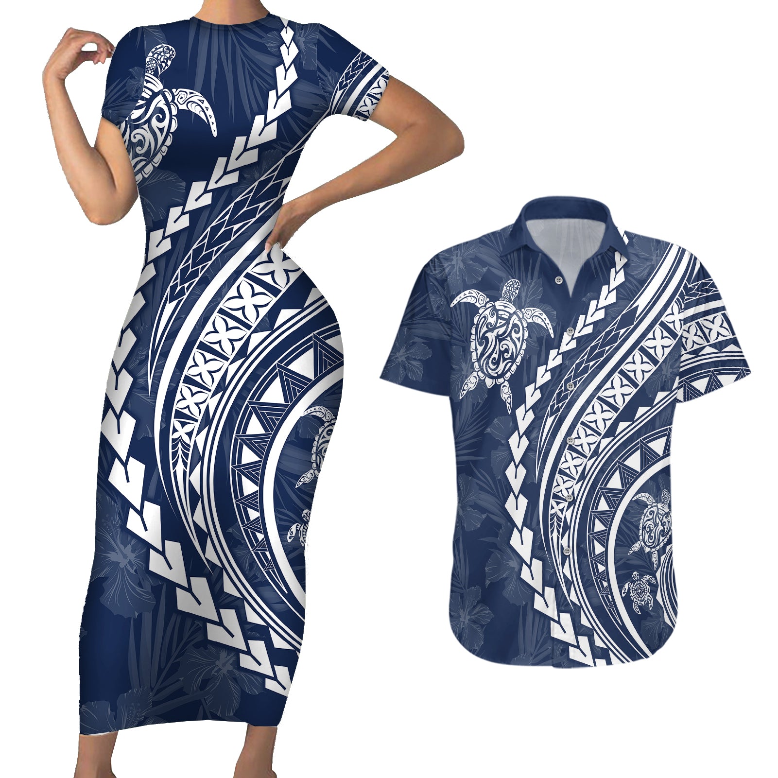 Polynesian Pride Couples Matching Short Sleeve Bodycon Dress and Hawaiian Shirt Turtle Hibiscus Luxury Style - Navy LT7 Navy - Polynesian Pride