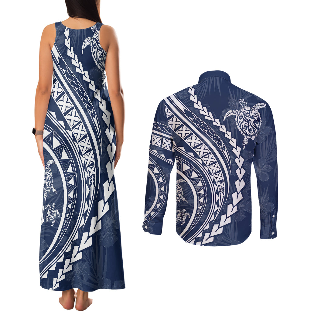 Polynesian Pride Couples Matching Tank Maxi Dress and Long Sleeve Button Shirts Turtle Hibiscus Luxury Style - Navy LT7 - Polynesian Pride