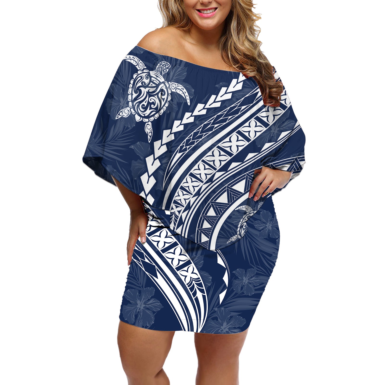 Polynesian Pride Off Shoulder Short Dress Turtle Hibiscus Luxury Style - Navy LT7 Women Navy - Polynesian Pride