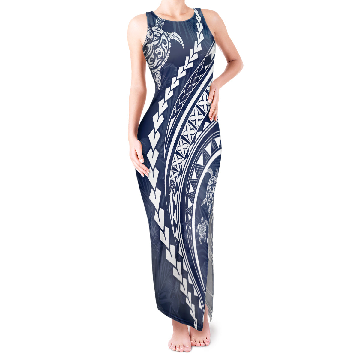 Polynesian Pride Tank Maxi Dress Turtle Hibiscus Luxury Style - Navy LT7 Women Navy - Polynesian Pride